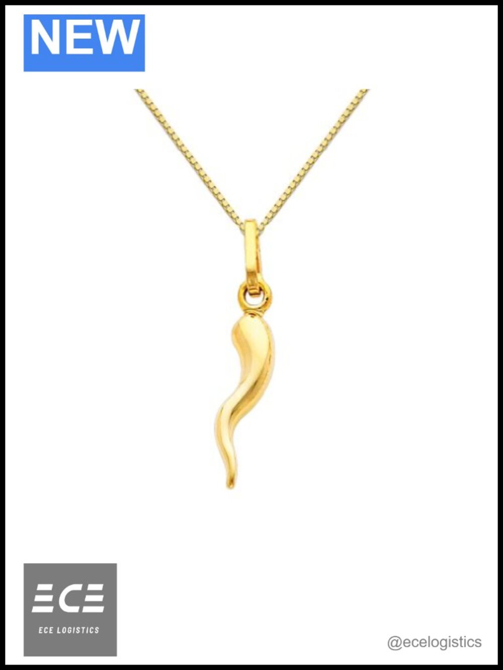 14k Yellow Gold Cornicello Italian Horn Pendant 18" Box Link Chain Necklace